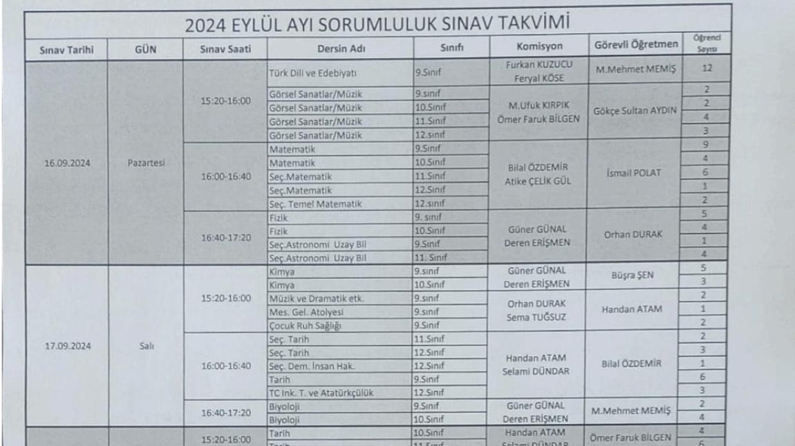 EYLÜL 2024 SORUMLULUK SINAV TAKVİMİ